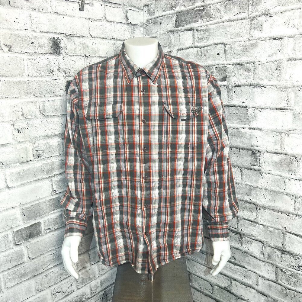 Wrangler Shirt Mens 2XL Orange Gray Plaid Outdoor Casual Button Down Long Sleeve